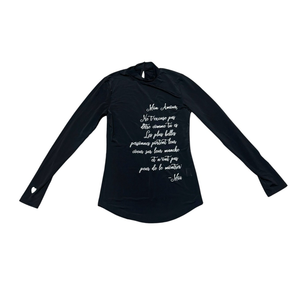 Buffbunny Black Mon Amour French Script Mock Neck Long Sleeve Mesh Top SzS Heart